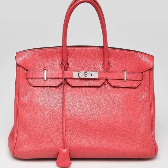Hermes 35cm Rouge Vif Clemence Leather Palladium Plated Birkin Bag - Picture 1 of 12